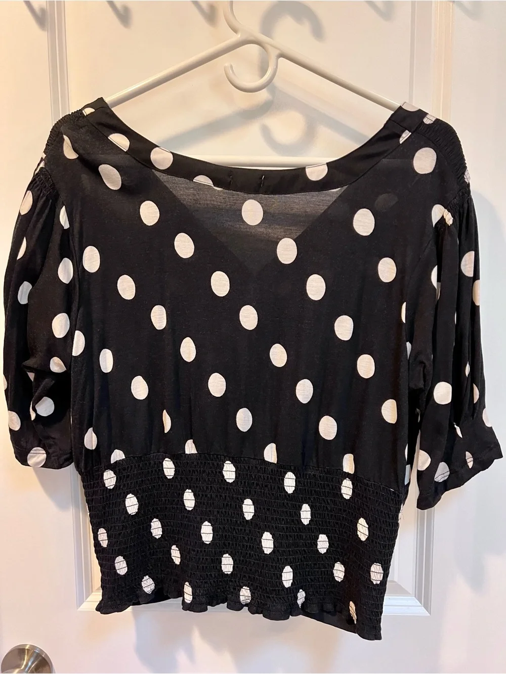 Anthropologie Polka Dot V-Neck Adelaide Blouse Smocked Ruched XL Tiny Brand